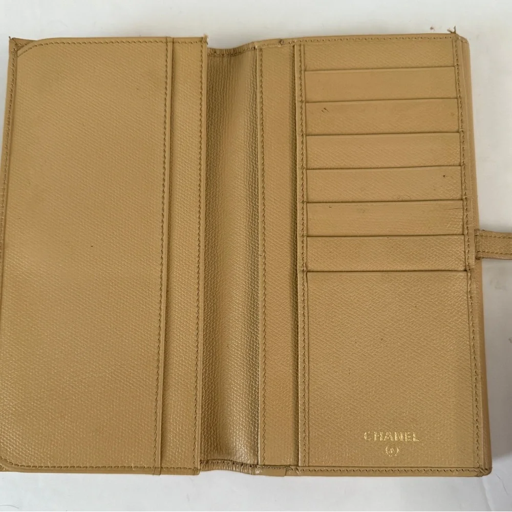 CHANEL Long Wallet Double Sided Snap‎ Button Beige Leather Authentic
